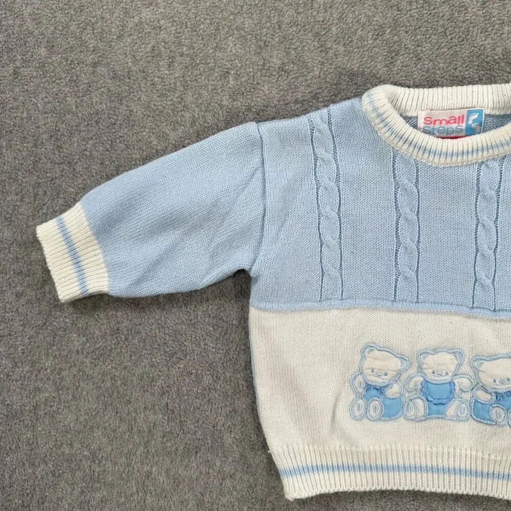 Small Steps Teddy Bear Sweater Baby Boy 3/6 Month Vintage Blue/White Knit Button